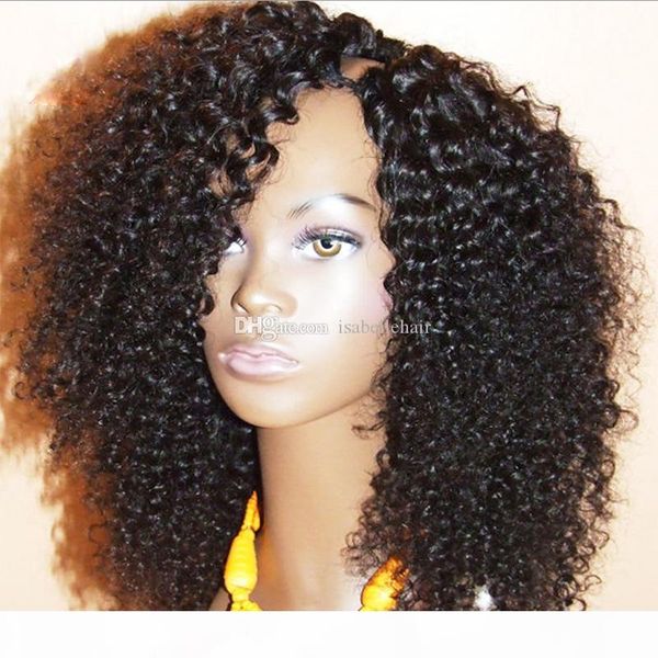 9a 1*3 left part u part wig for black women brazilian virgin kinky curly upart human hair wigs, Black;brown